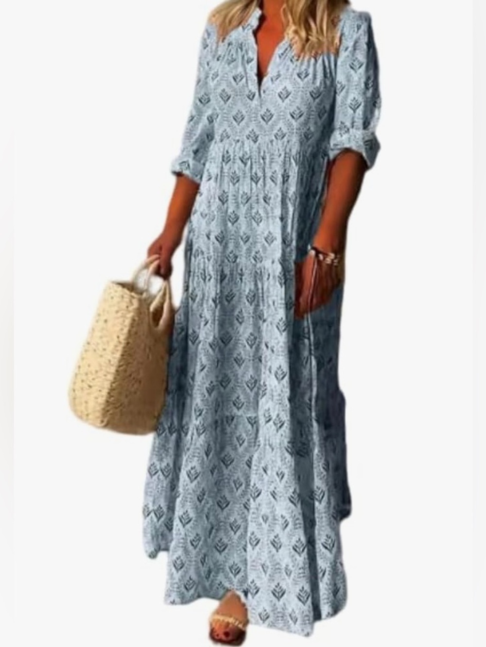Bohemian Maxi Dress with block print. 100% Polyester